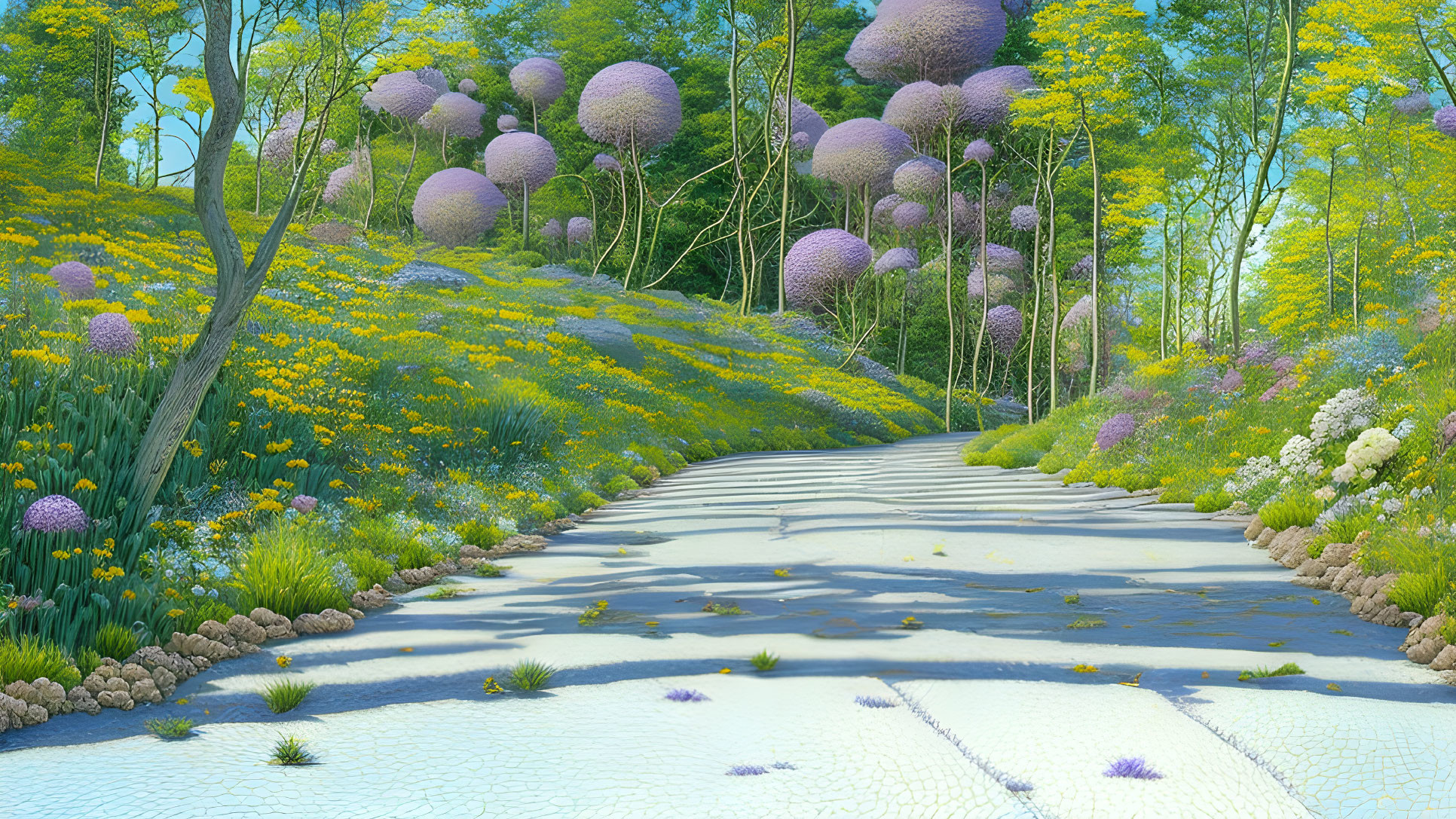 Fantastical landscape with oversized purple spheres and vibrant flowers