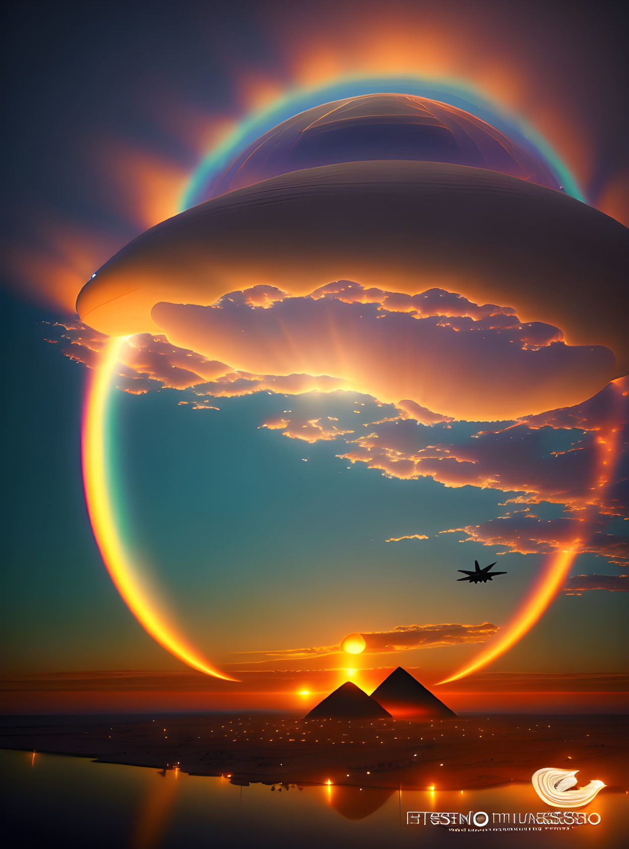 Vibrant digital artwork: otherworldly sunset with halo over pyramids & jet silhouette.