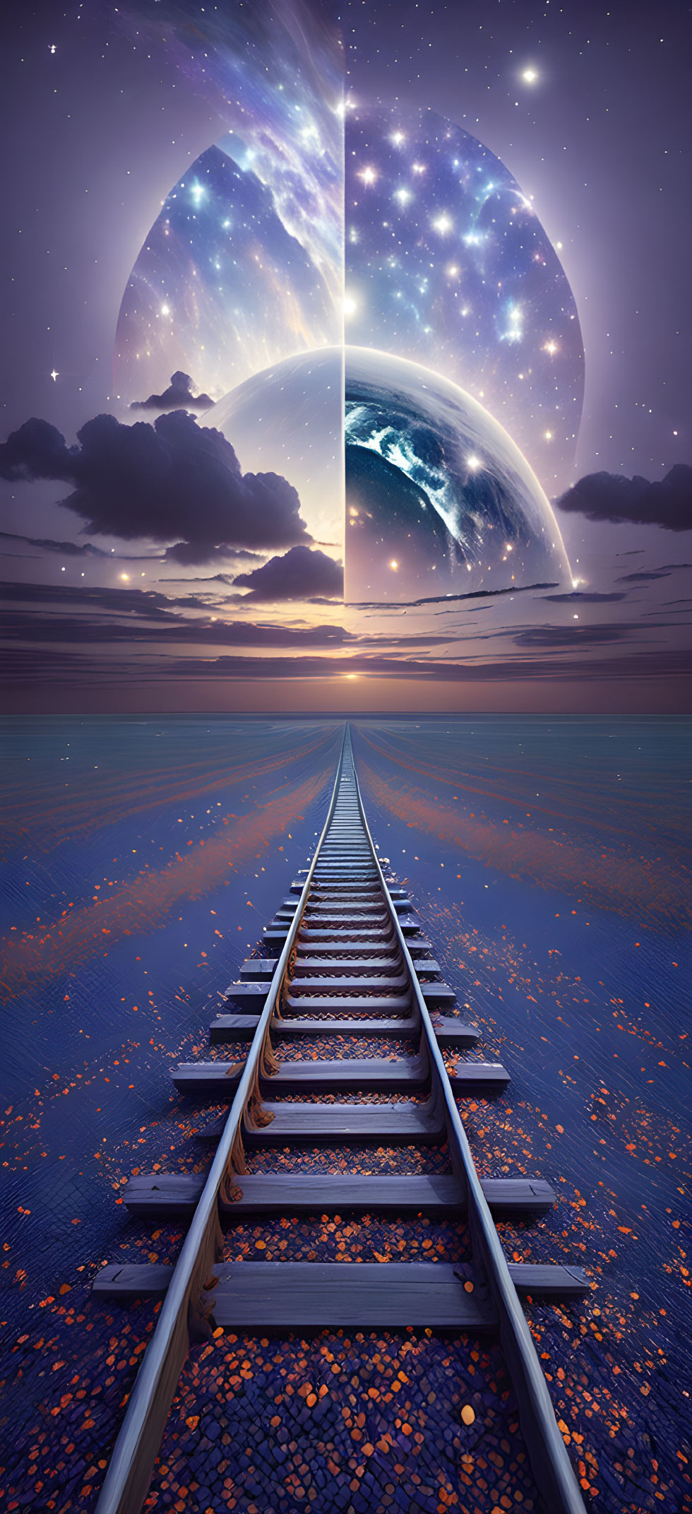 Surreal split horizon with railroad tracks and sunset starscape