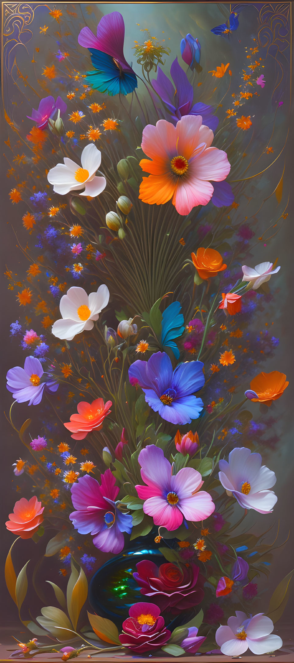 Colorful Flowers and Butterflies in Whimsical Display