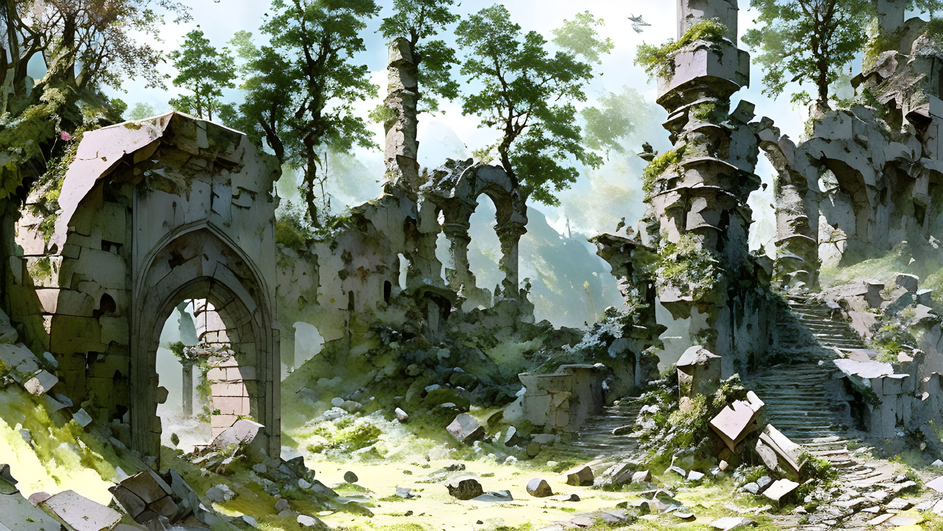 Ancient stone structure ruins with archways and columns in lush forest