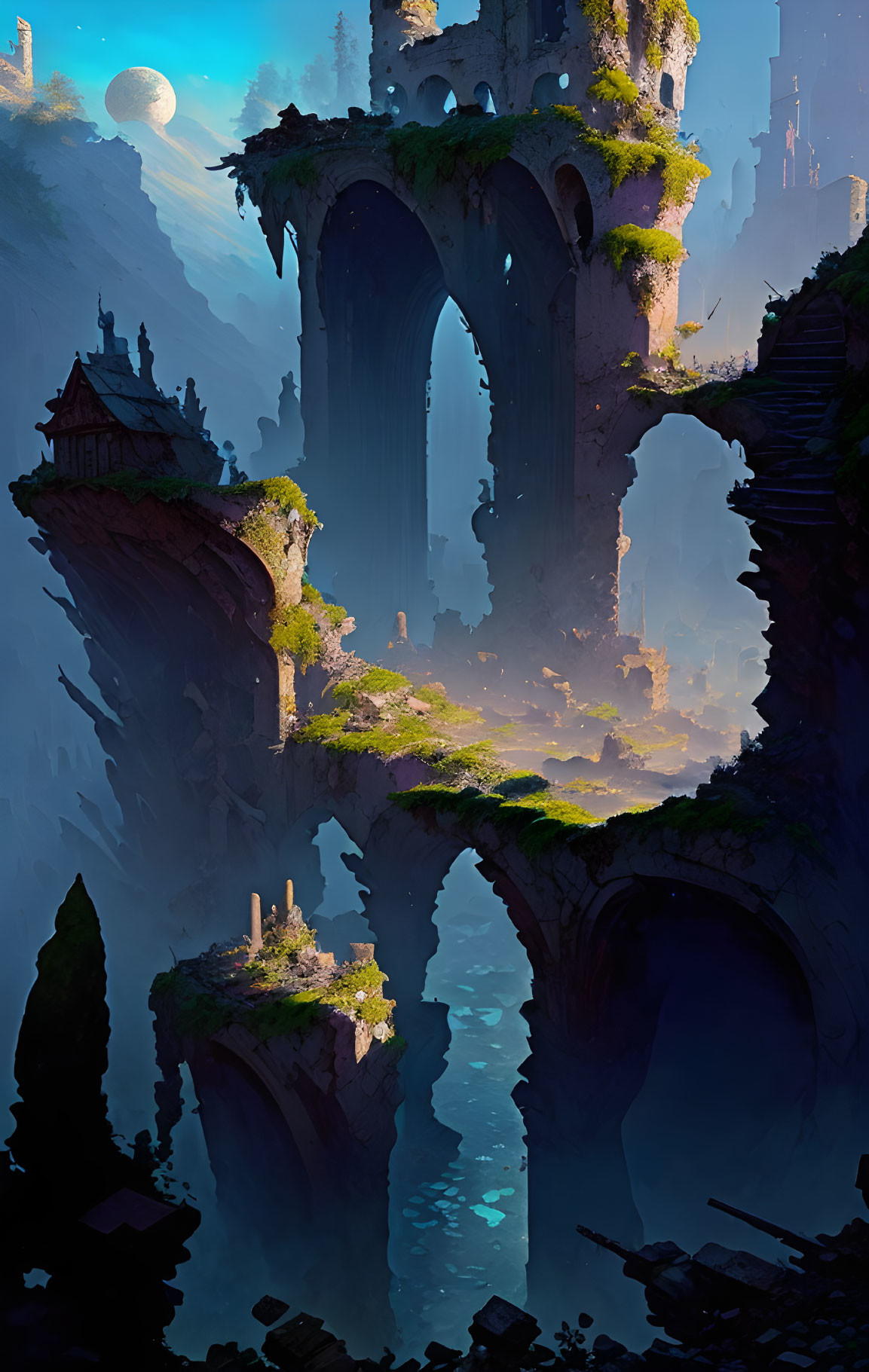 Mystical landscape with towering cliffs and floating islands under moonlit sky