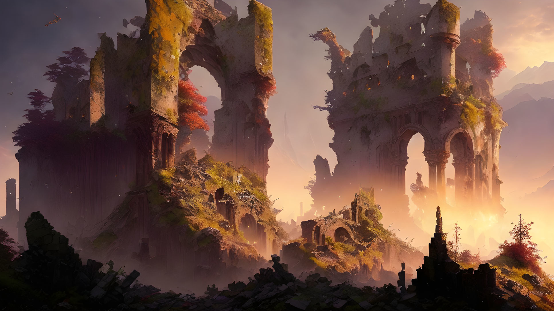 Majestic fantasy landscape with sunlit ancient ruins and misty golden atmosphere