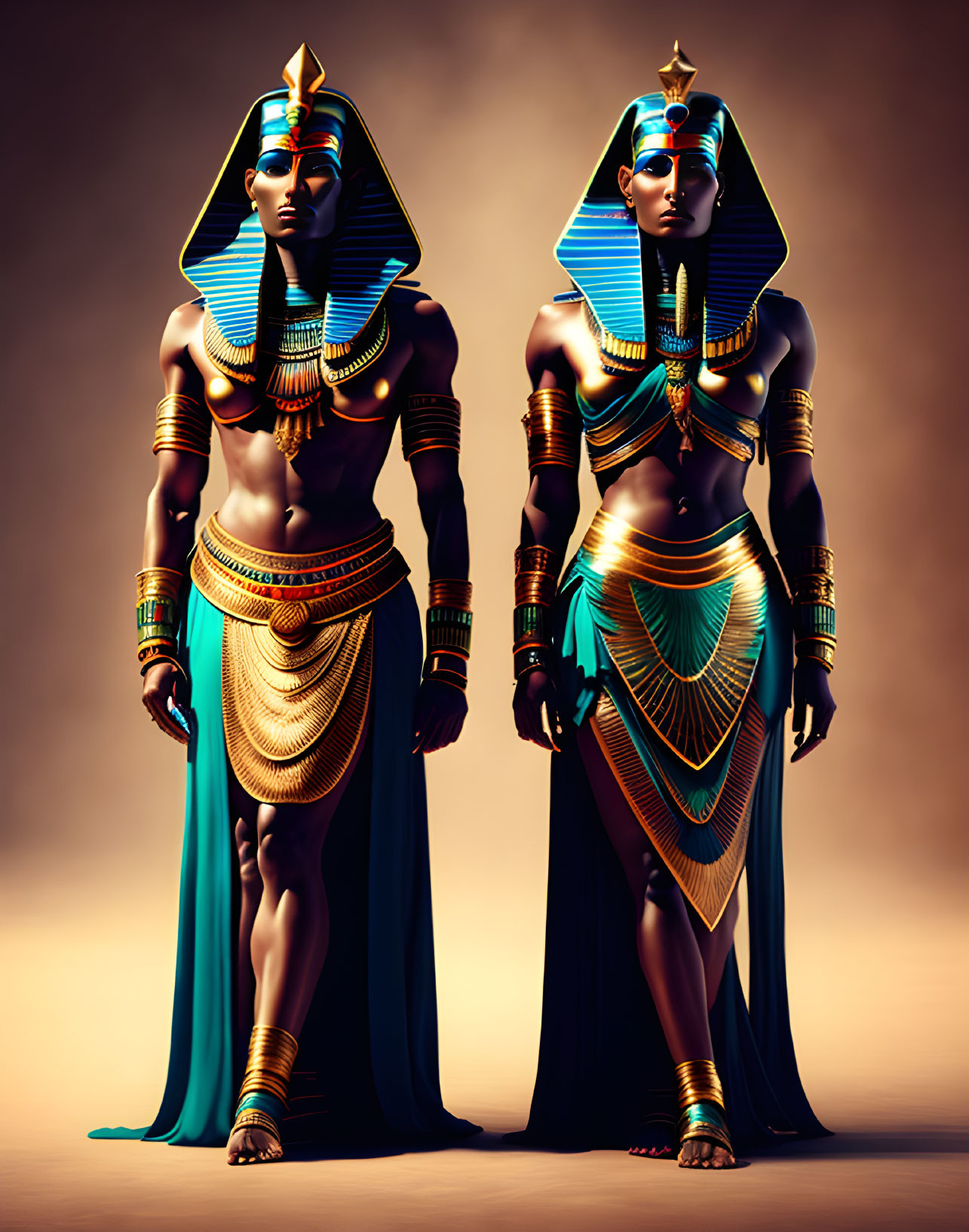 Ancient Egyptian figures in royal attire with headdresses and jewelry