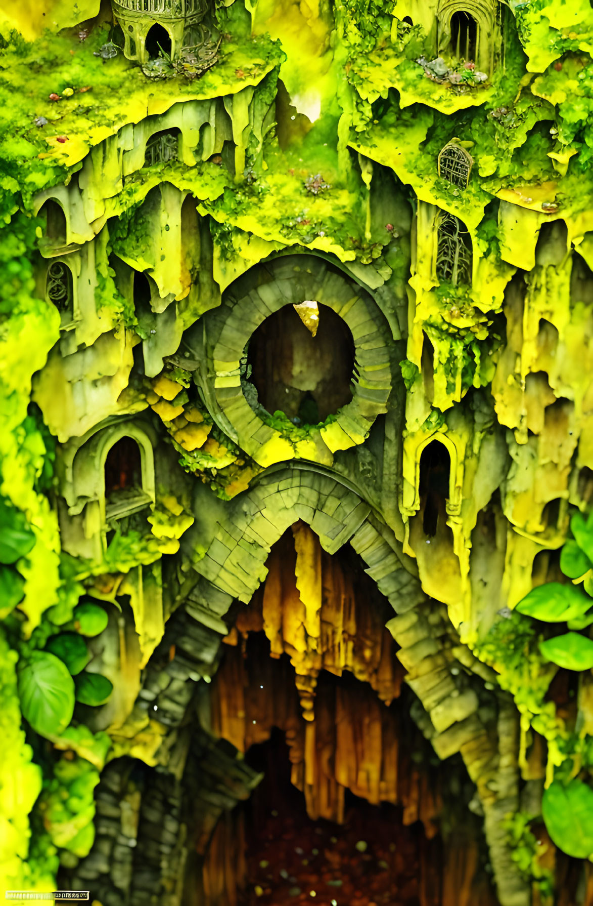 Fantasy illustration of mystical green tree with carved dwellings and lush foliage