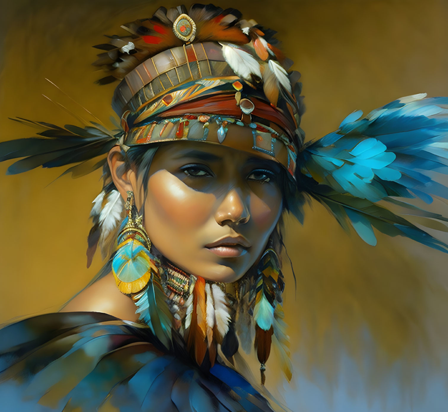 Person in Feathered Headdress with Beads and Earrings on Golden Background