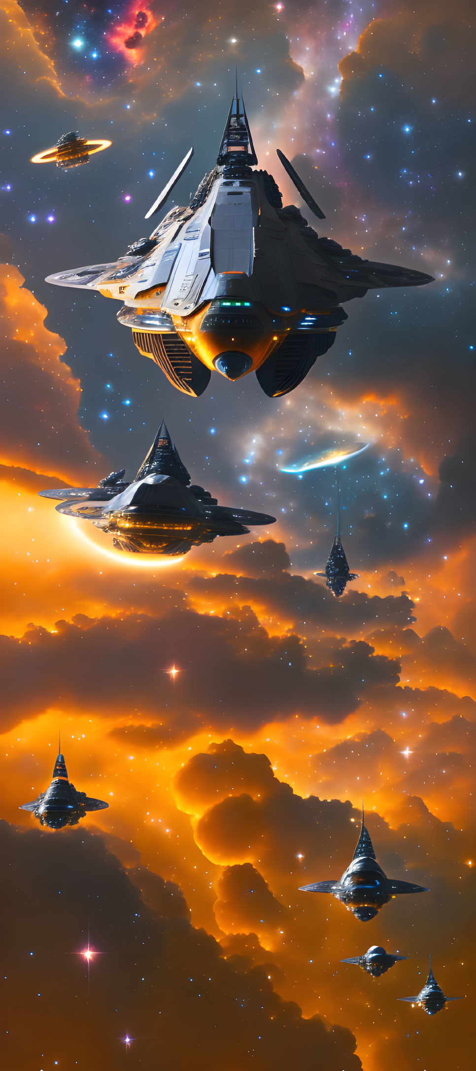 Vibrant orange nebula clouds with futuristic spaceships in star-filled cosmos