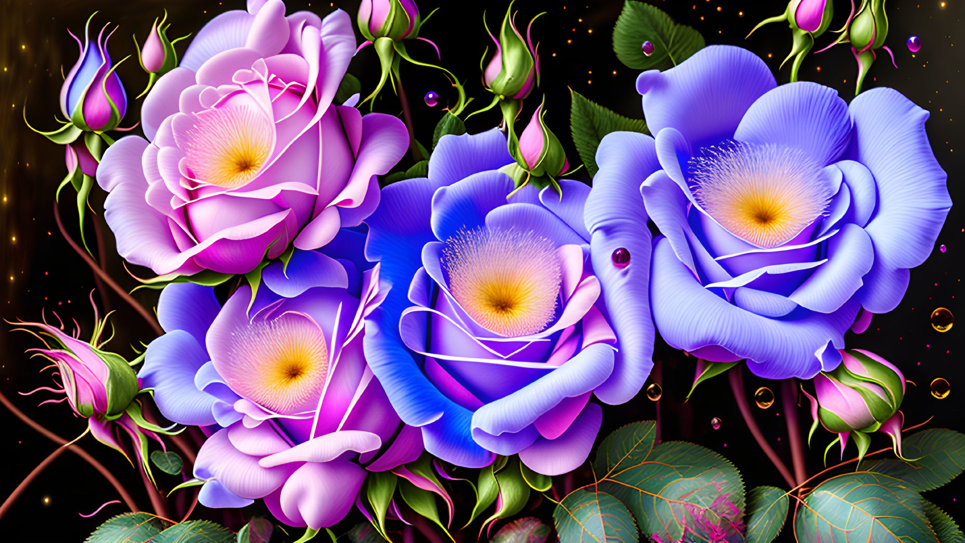 Colorful digital artwork of glowing purple and pink roses on starlit backdrop