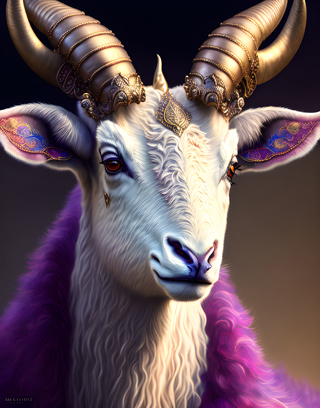 Regal goat with curled horns and purple cloak on dark background