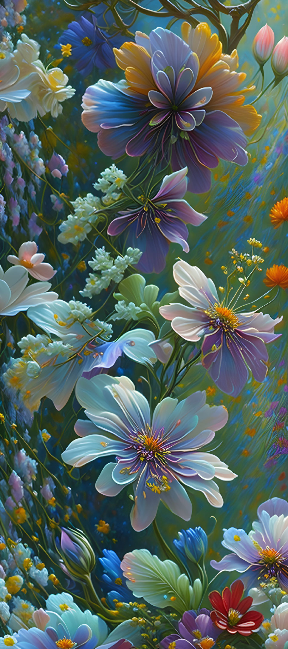 Colorful flowers digital painting against lush greenery