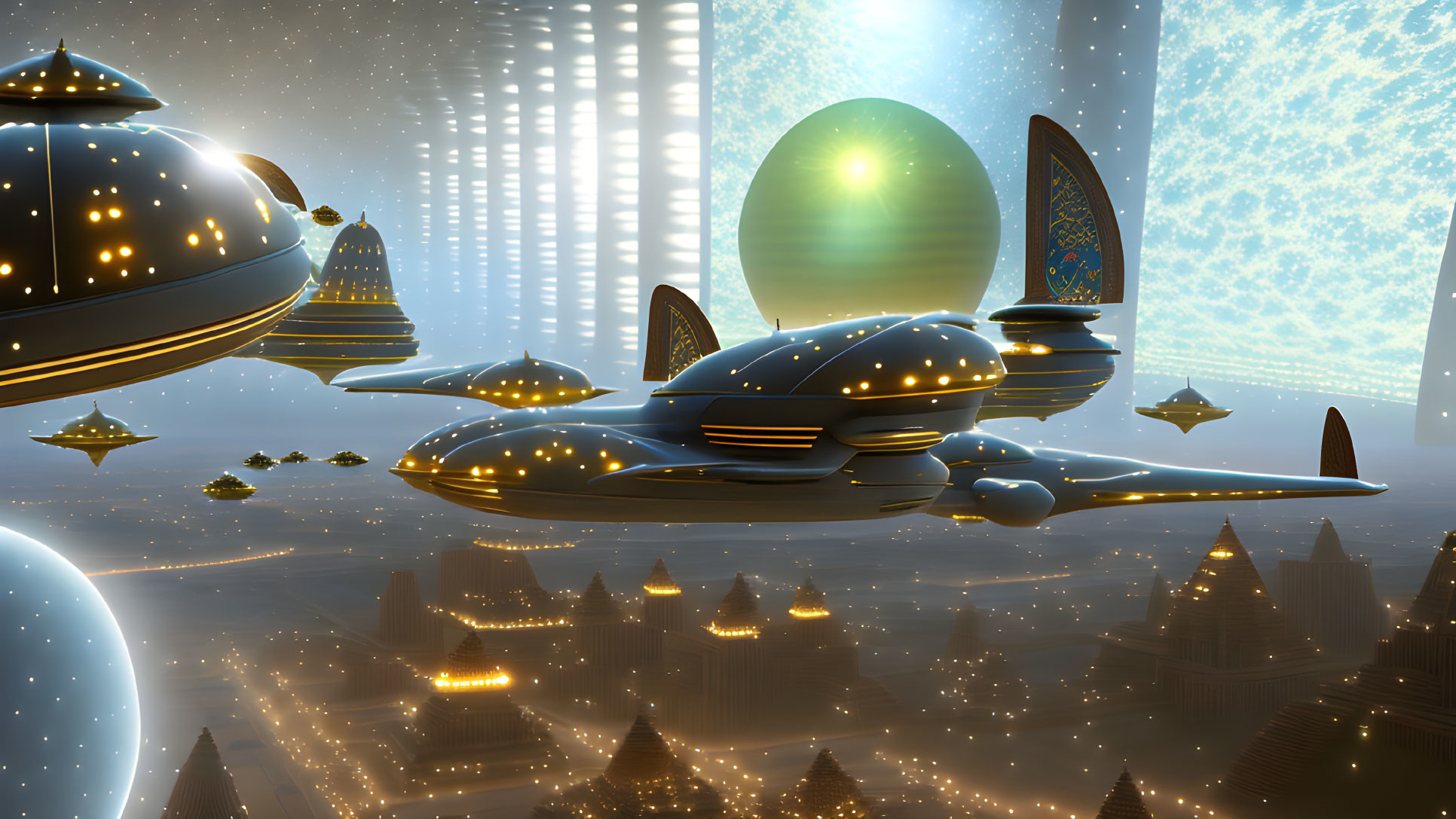 Futuristic cityscape with flying vehicles and metallic domes