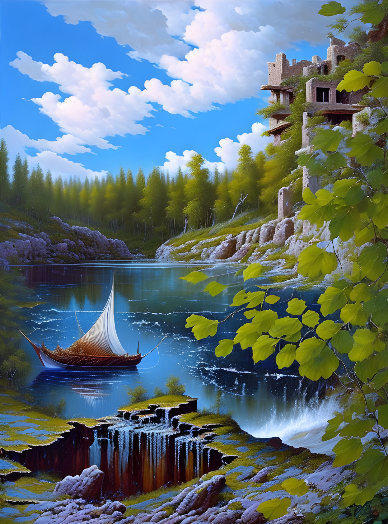 Fantasy landscape with castle, waterfall, lake, boat & cliffs