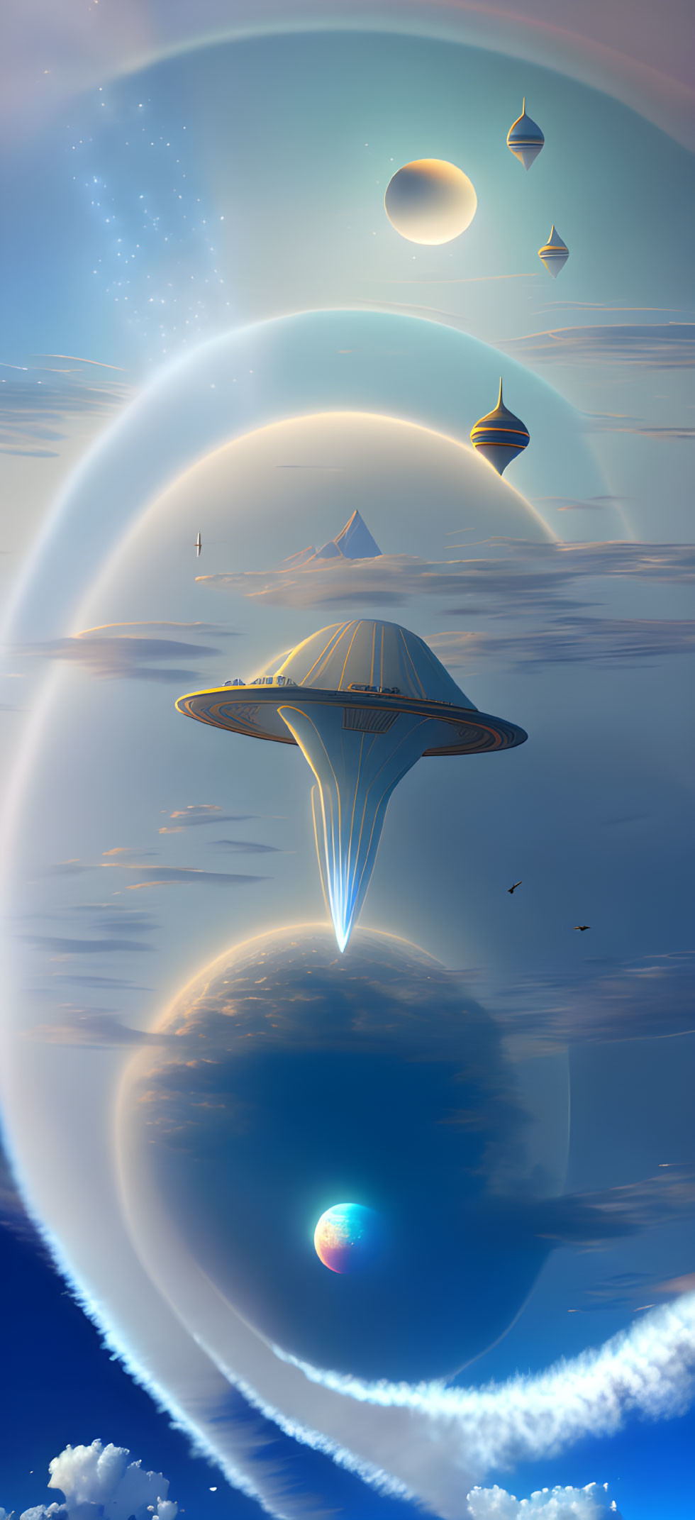 Futuristic spaceship above planet with rings, surreal sky, moons, islands, mountain