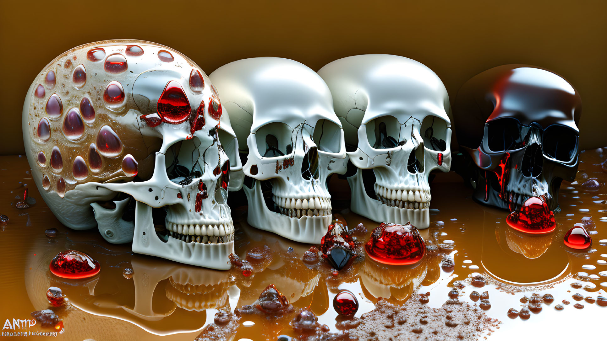 Skulls with Different Textures and Red Droplets on Reflective Orange Surface