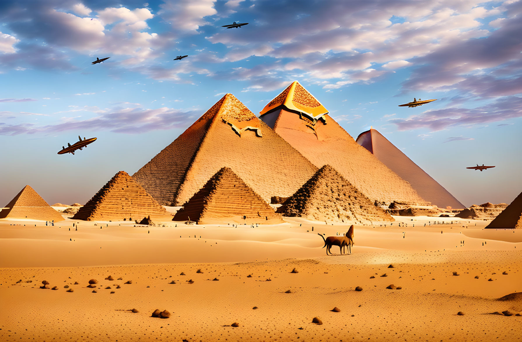 Ancient Pyramids of Giza with Camel and Flying Planes