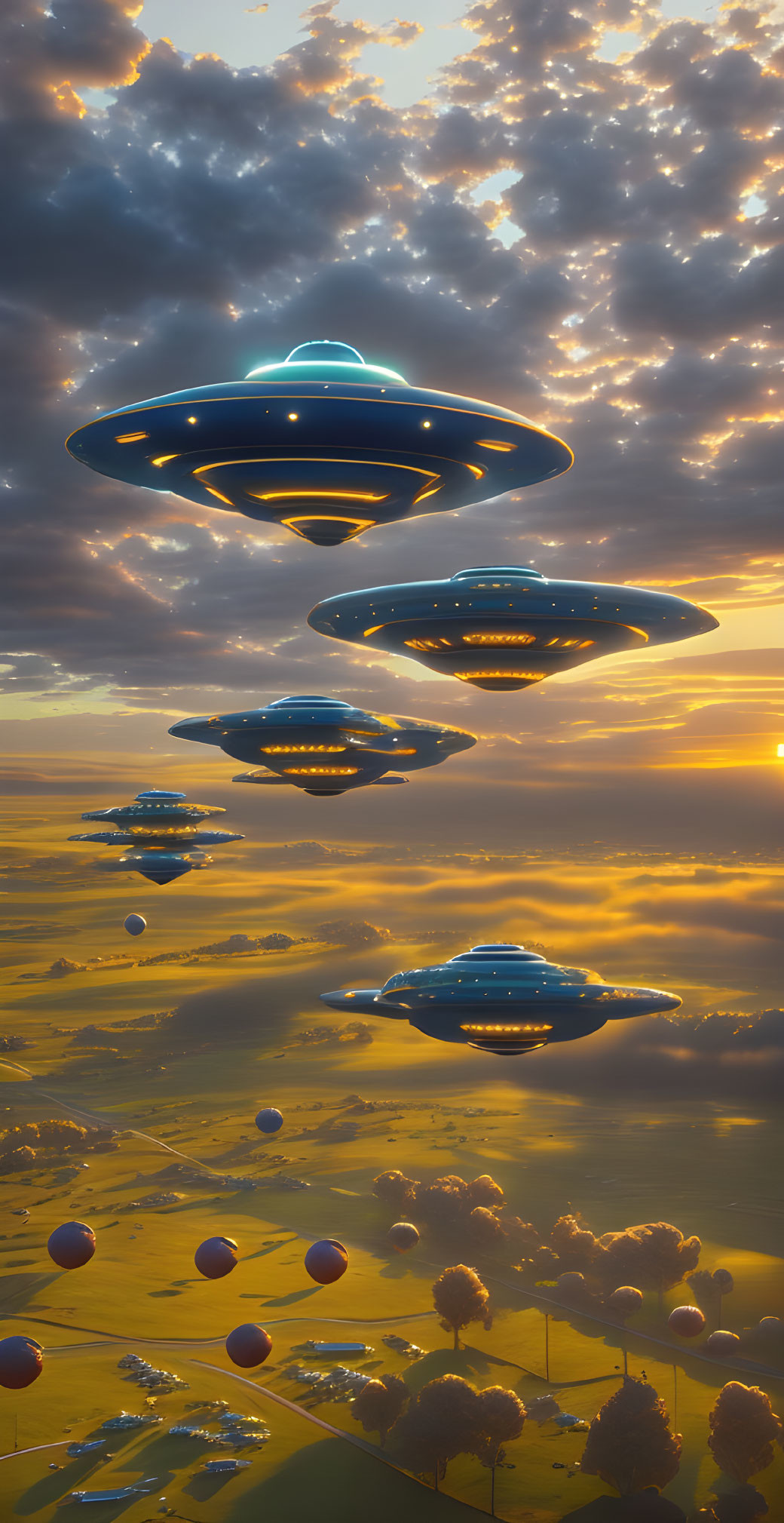 Multiple UFOs hover over golden sunset landscape with clouds and reflective objects