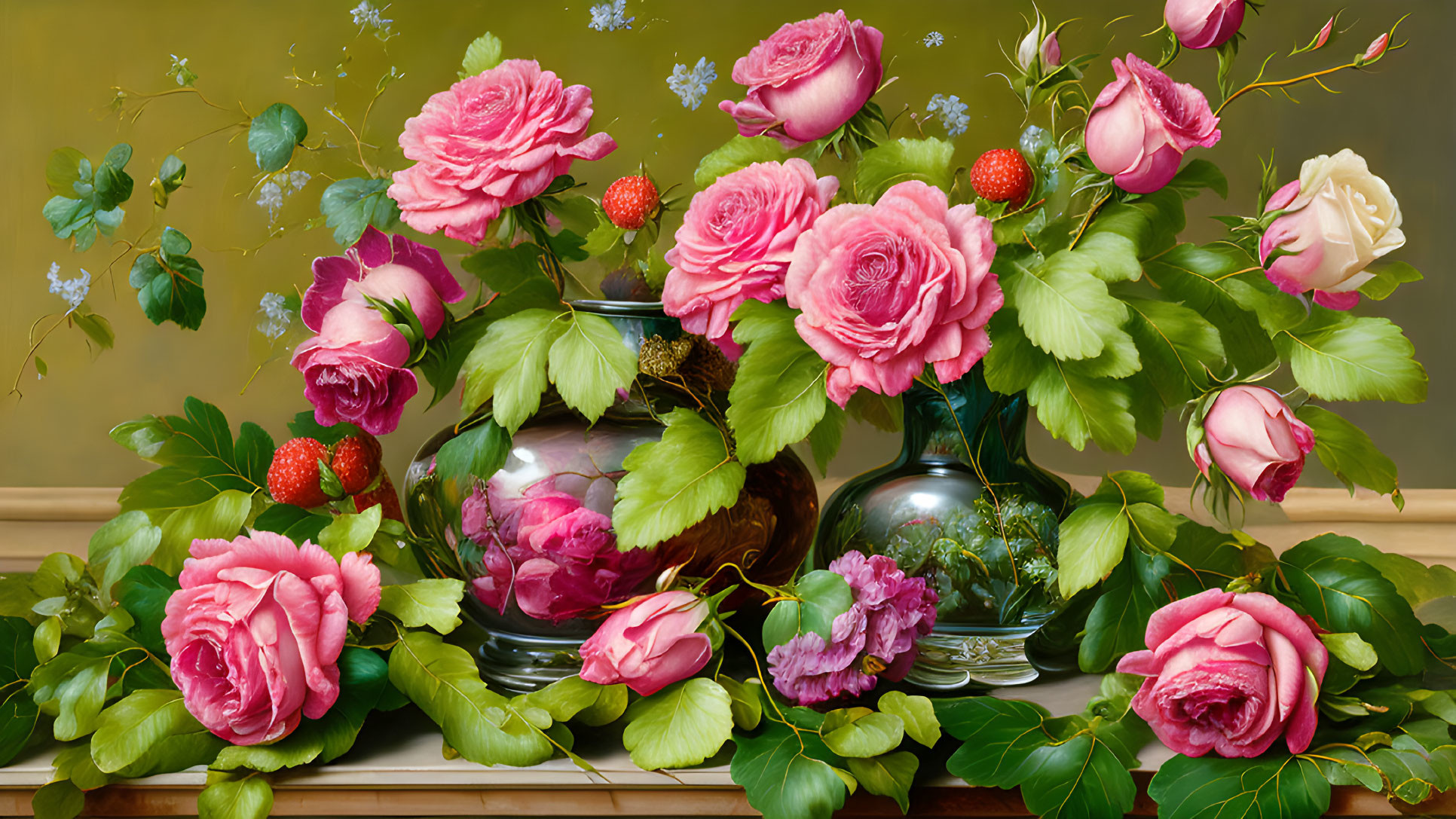 Colorful Still Life Painting of Pink and Red Roses in Glass Vases