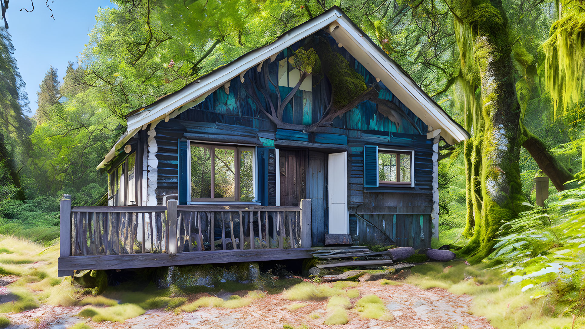 Blue wooden cabin with white trim in lush green forest