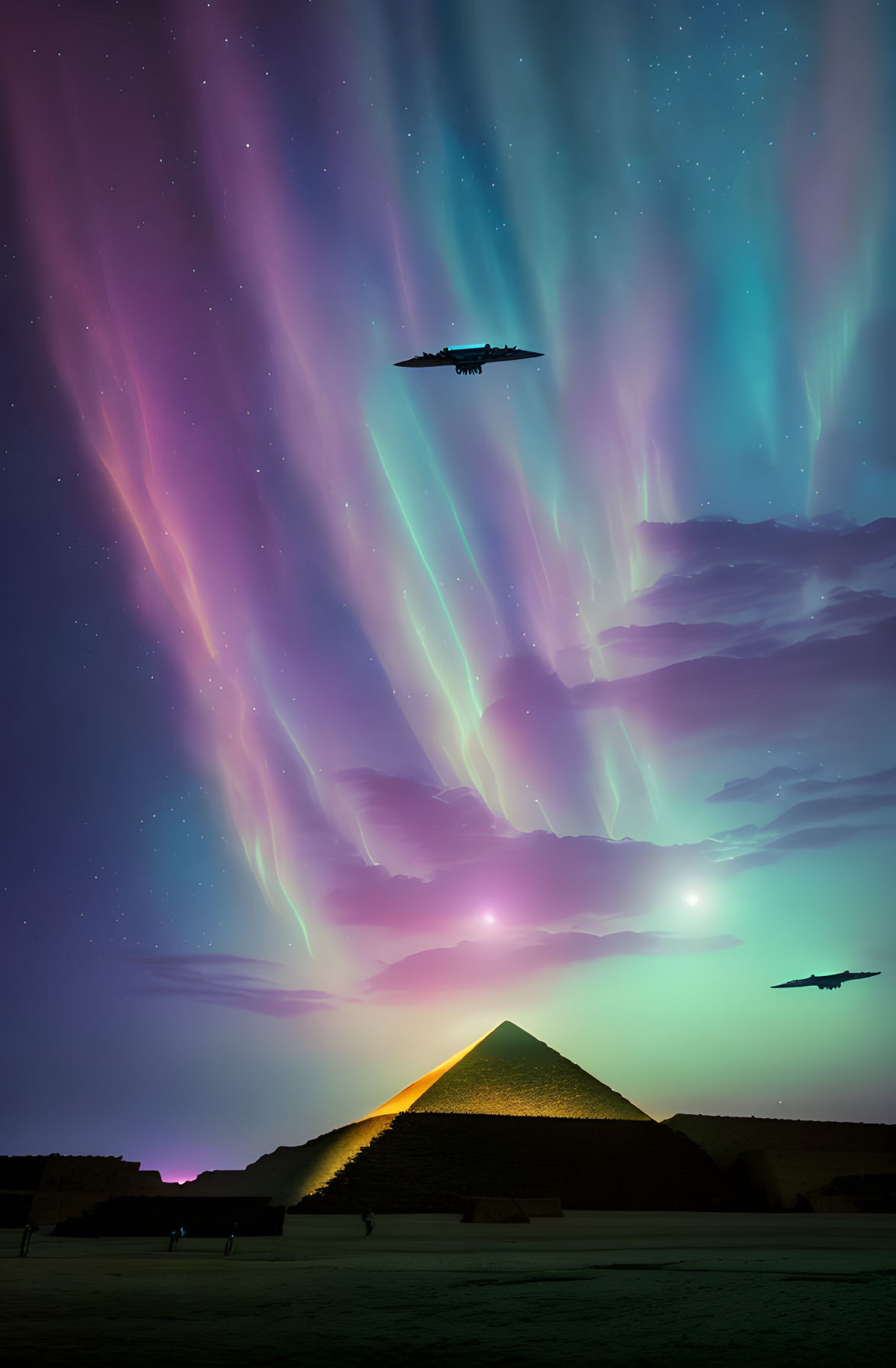 Aurora Borealis lights up pyramid with jets and people.