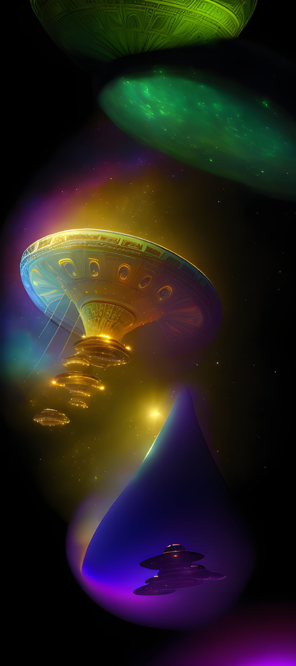 Multicolored UFOs with large mothership in cosmic scene