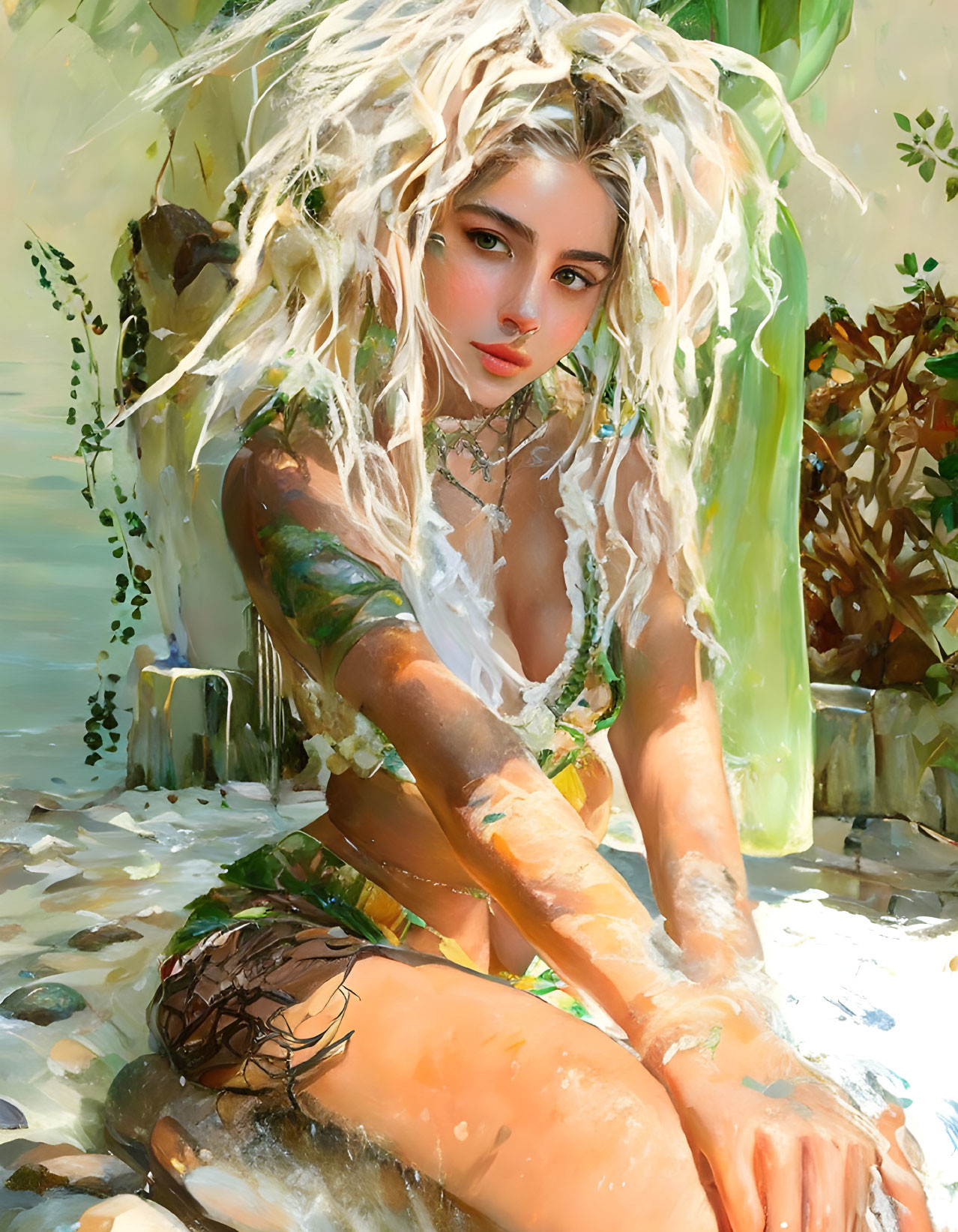 Blond Dreadlocked Woman in Shallow Water with Sunlight and Green Foliage