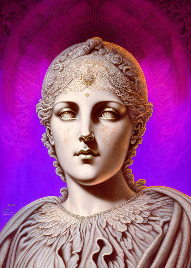 Detailed digital statue artwork with feathered garment on purple background