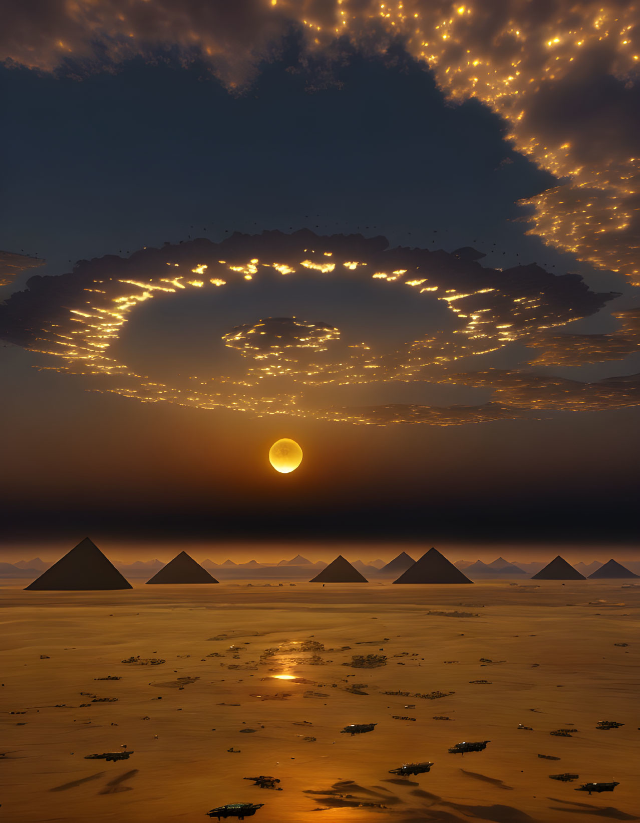 Surreal landscape: pyramids under dramatic sky & circular sun reflection.