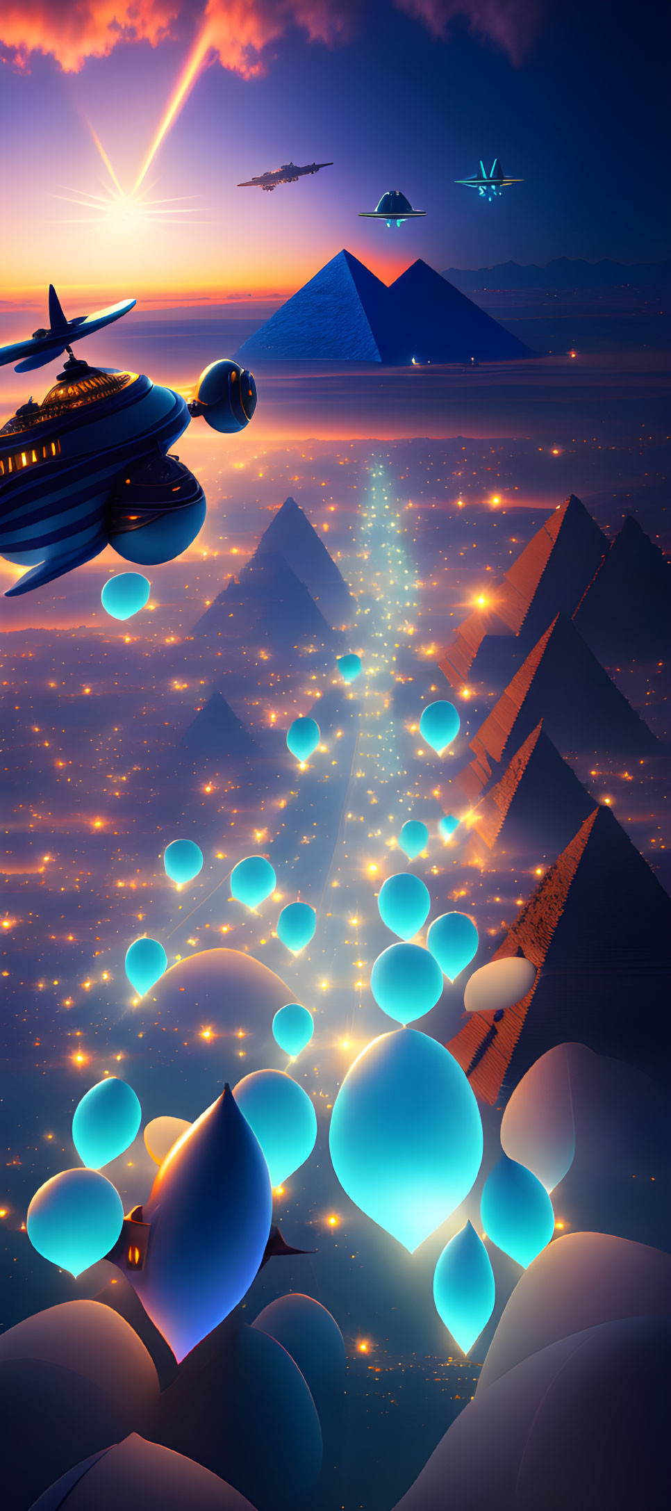 Futuristic scene with pyramids, floating orbs, and advanced aircraft in twilight sky