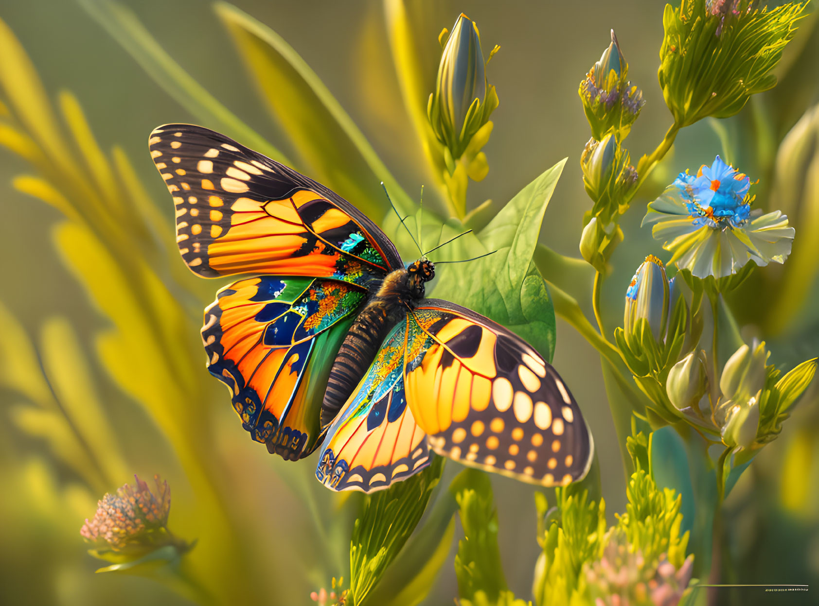 Colorful Monarch Butterfly on Green Leaf Amid Blooming Flowers