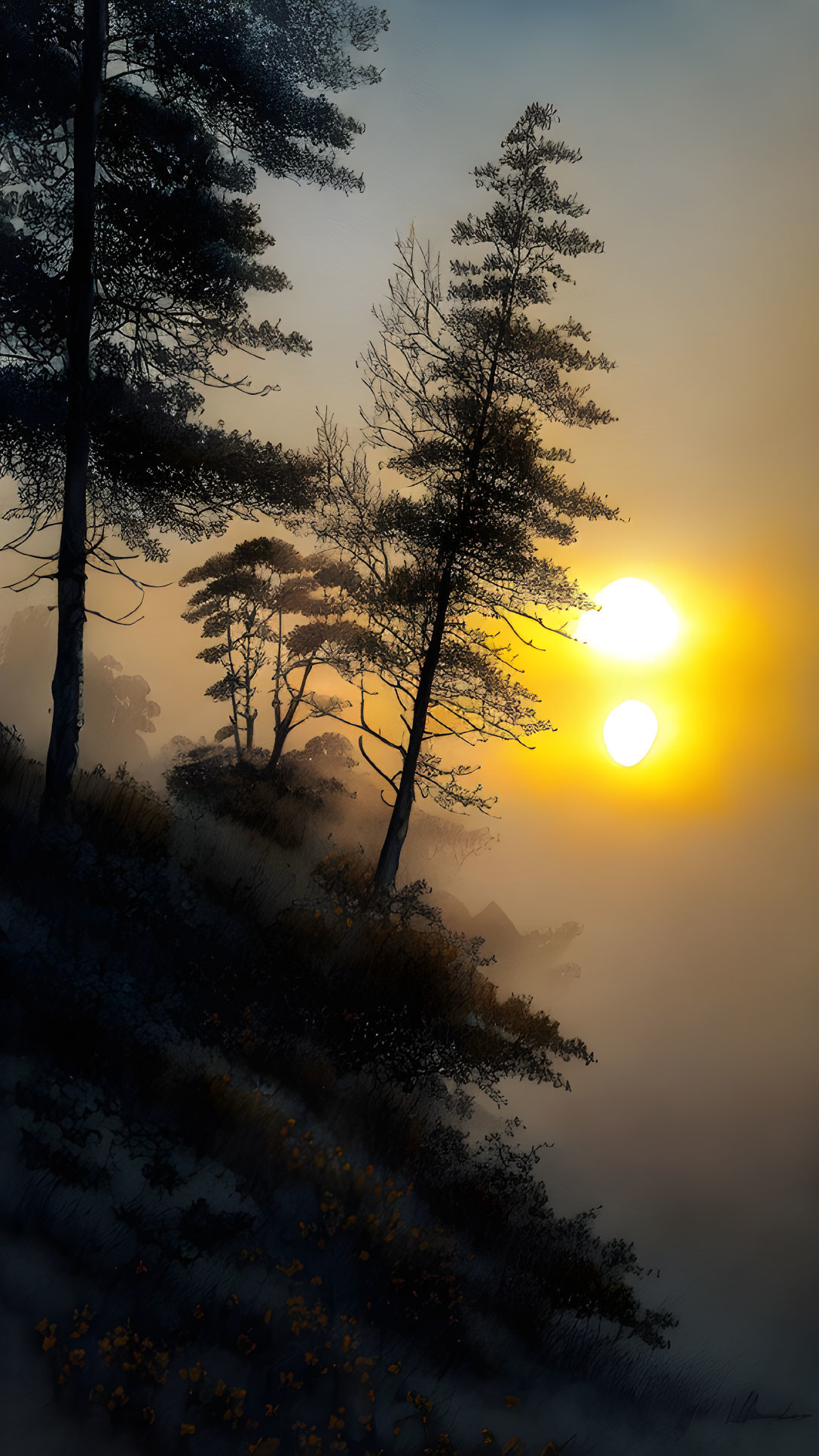 Tranquil sunset scene with low sun, hazy atmosphere, and silhouetted trees