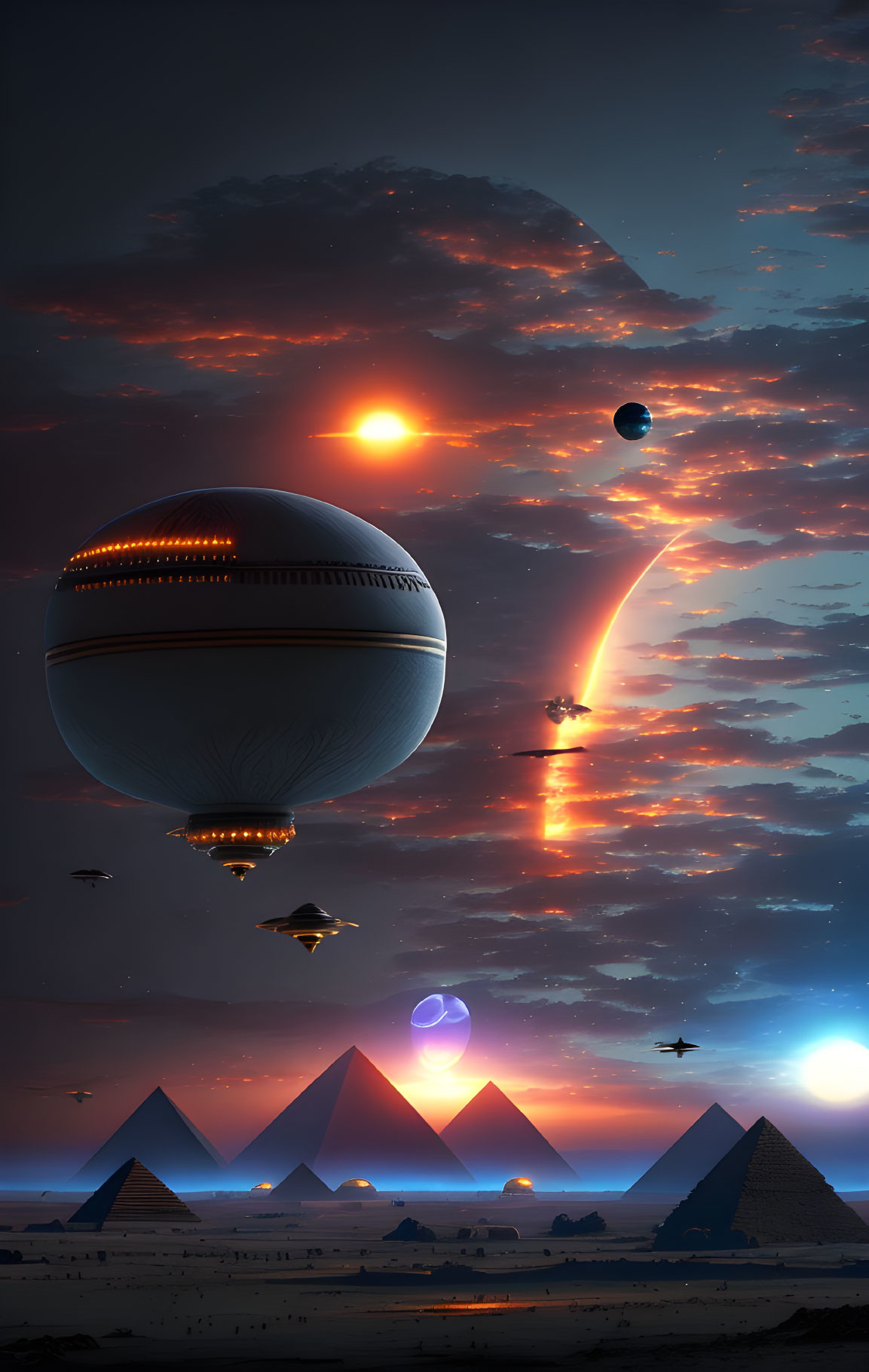 Sci-fi scene: large spherical airship, spacecraft, pyramids, night sky with planets, stars