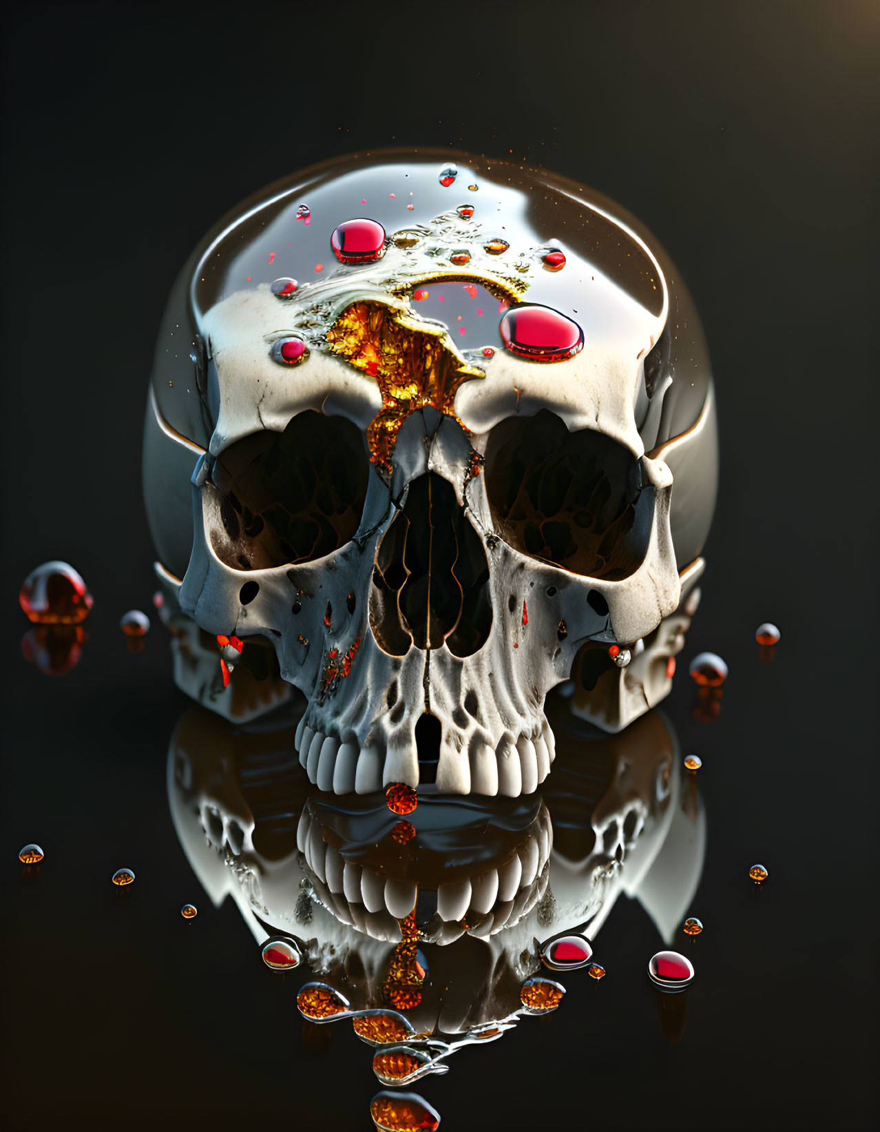 Skull with Reflective Surface and Liquid Droplets on Dark Background