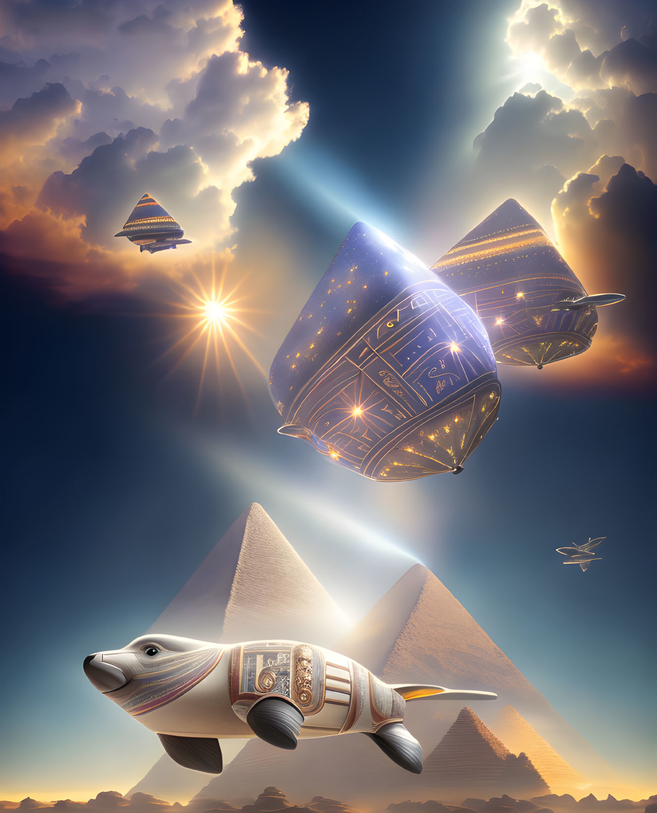 Spinning tops and fish-shaped airship above Egyptian pyramids at sunset