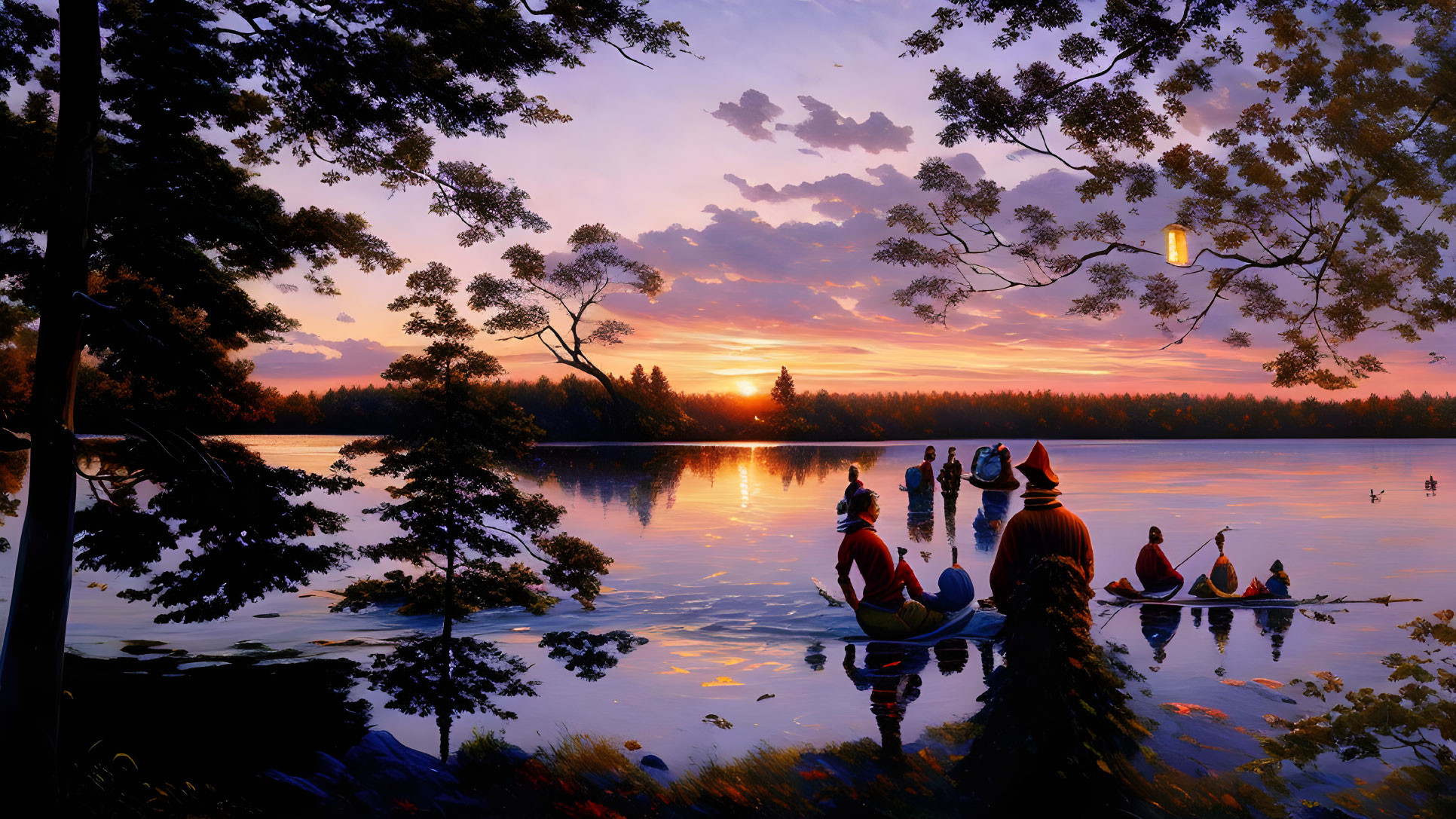 Scenic sunset lake with canoeing silhouettes and colorful sky reflected on water