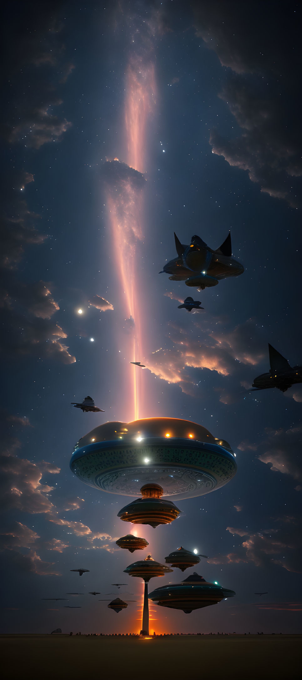 Floating UFOs and fighter jets in starry night sky