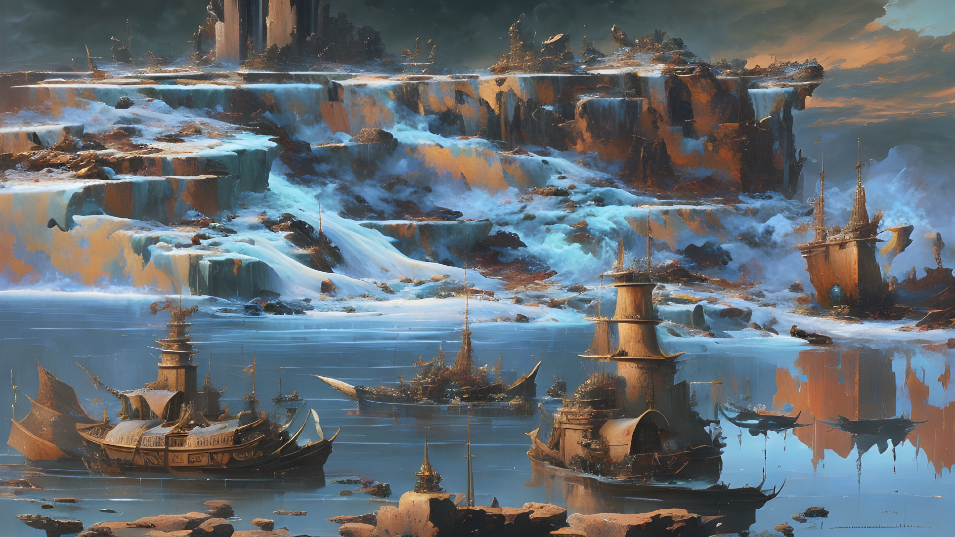 Fantasy landscape with waterfalls, ships, and ancient towers