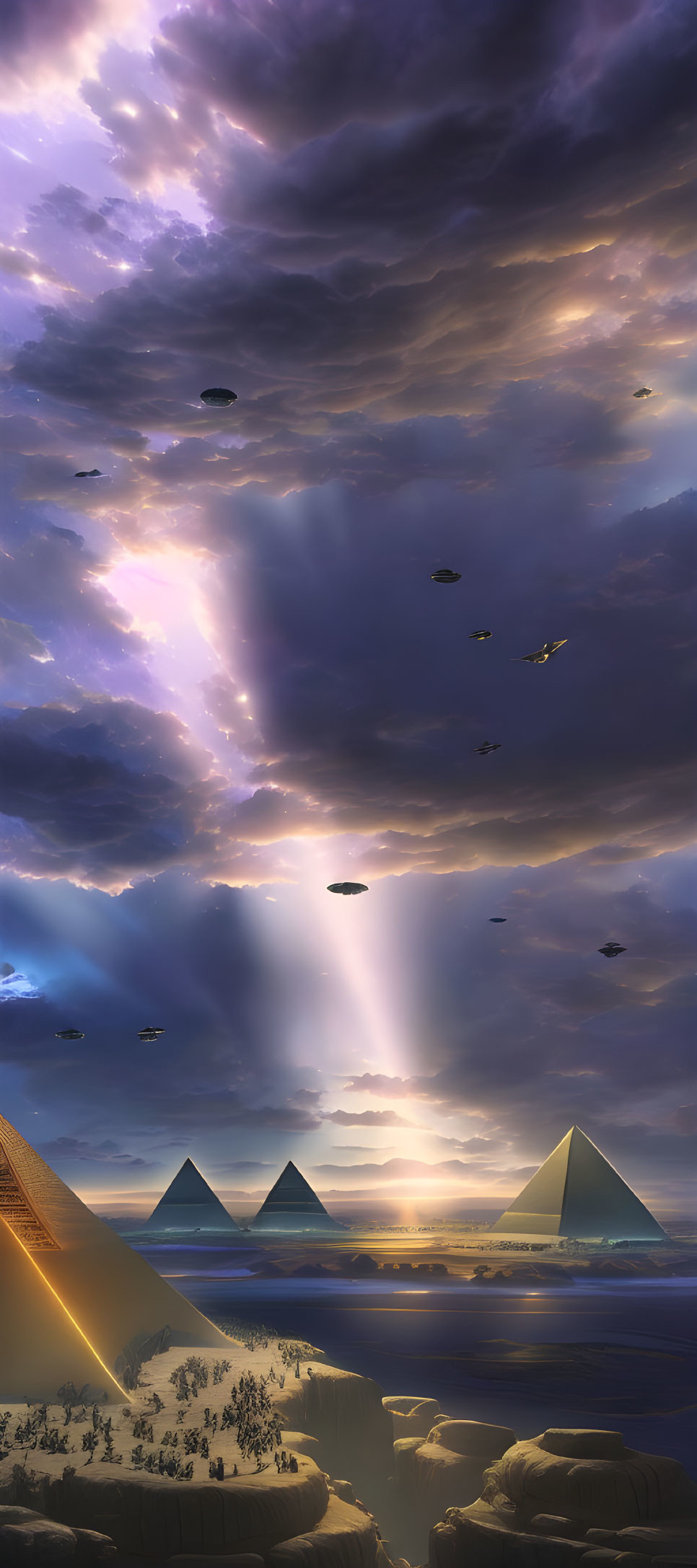 Futuristic pyramids under dramatic sky with UFO-like craft in advanced civilization scene