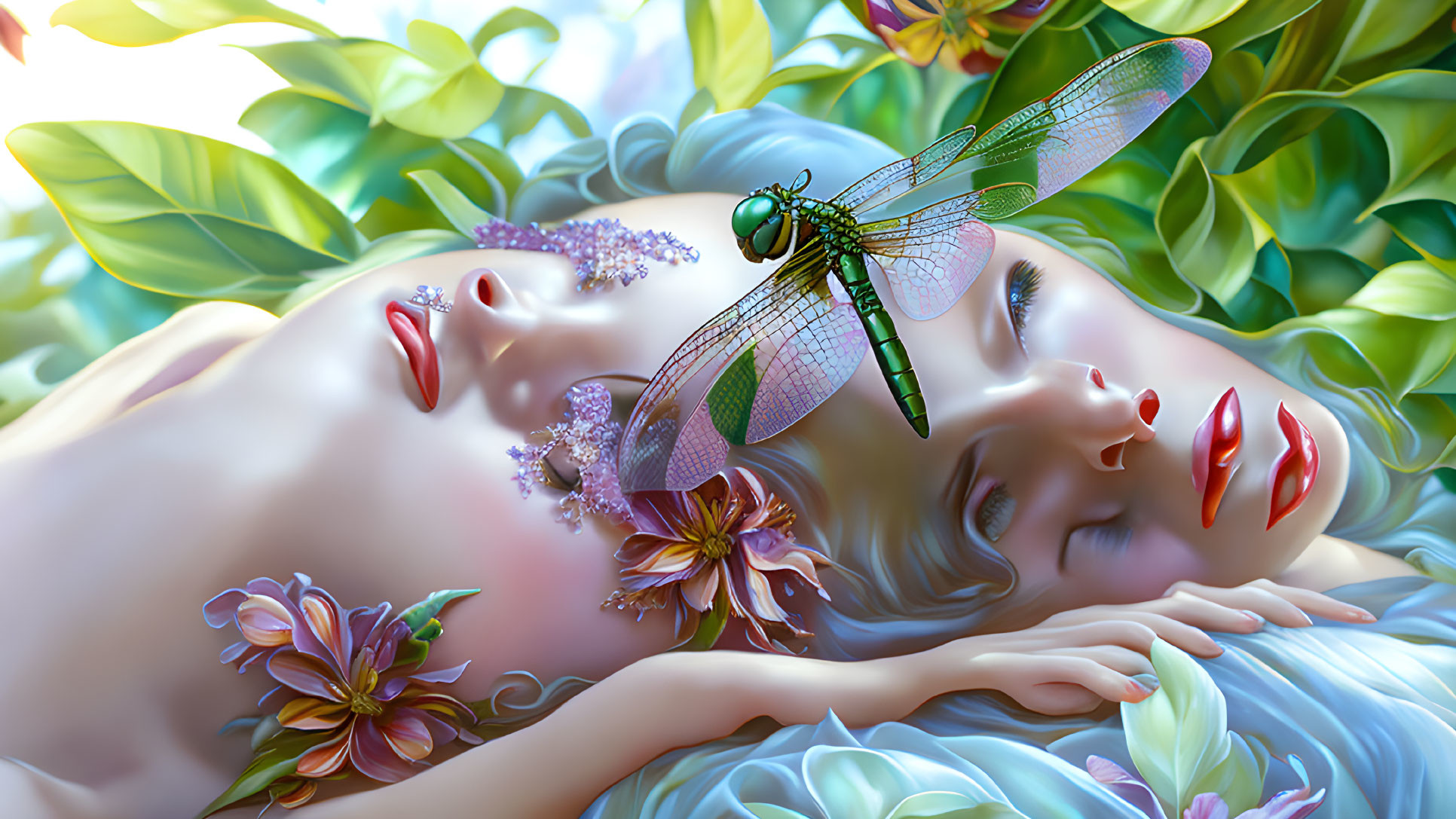 Digital artwork featuring tranquil woman surrounded by vibrant flowers and realistic dragonfly