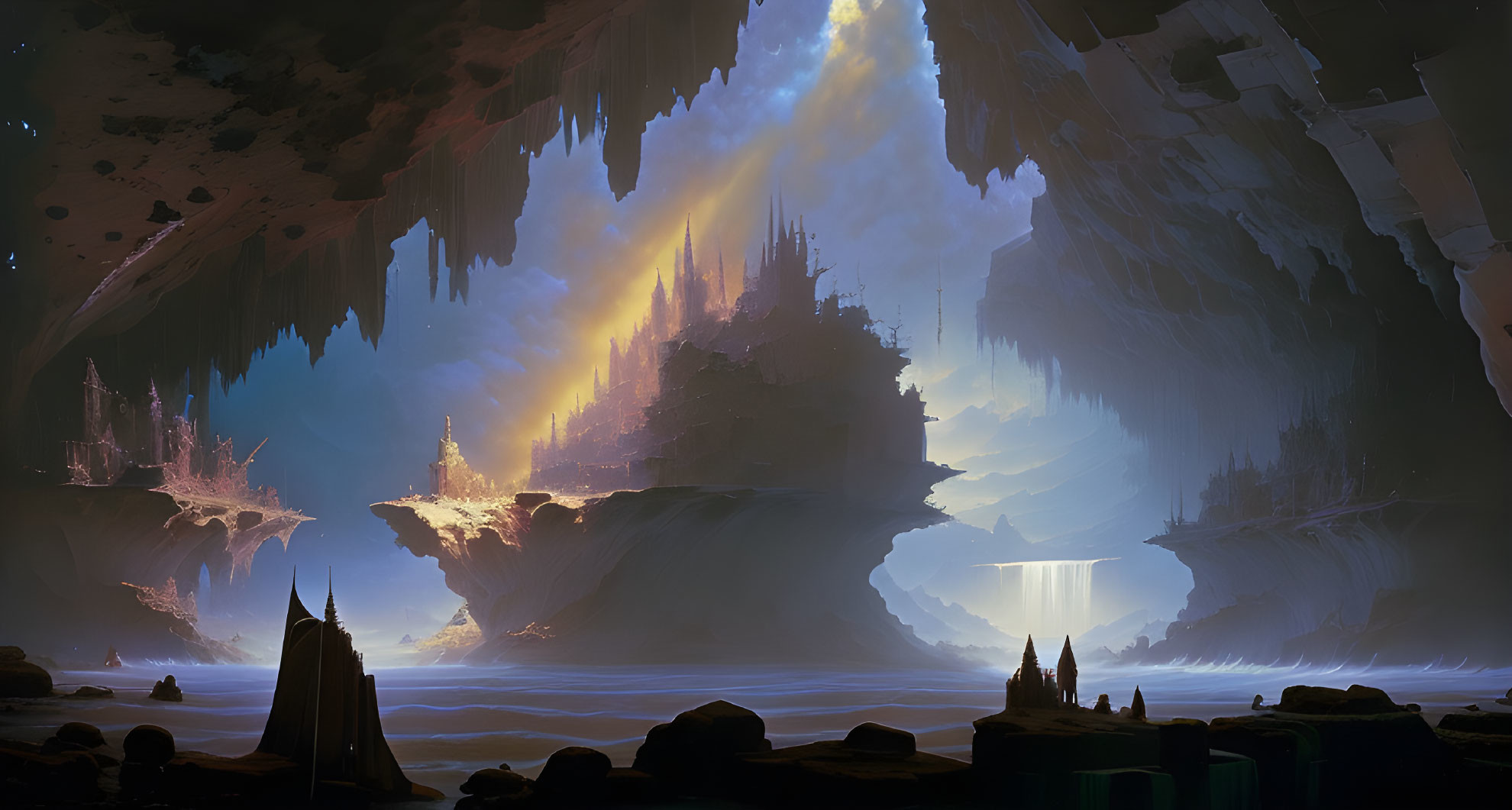 Mystical cavern with towering crystal formations and sunlight glow