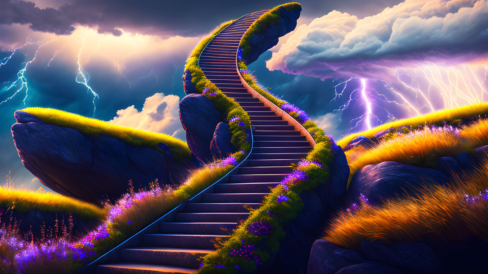 Colorful digital artwork: Winding staircase in fantasy landscape under stormy sky