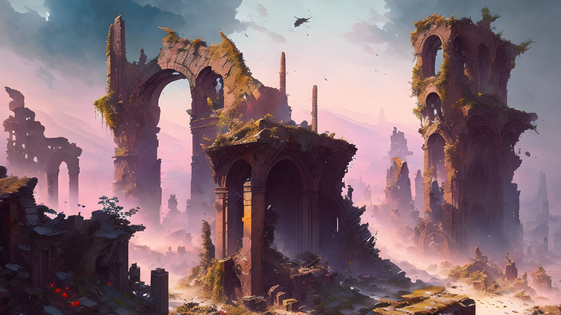 Fantastical landscape with ancient ruins under pink-tinged sky