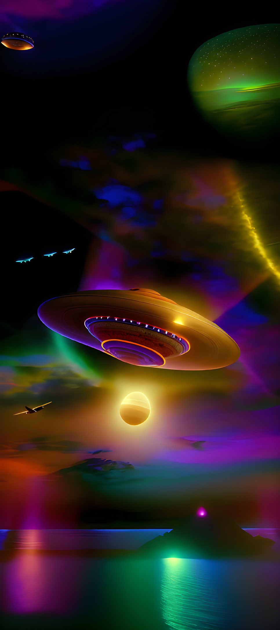 Colorful Digital Art: UFOs Over Neon Ocean Landscape