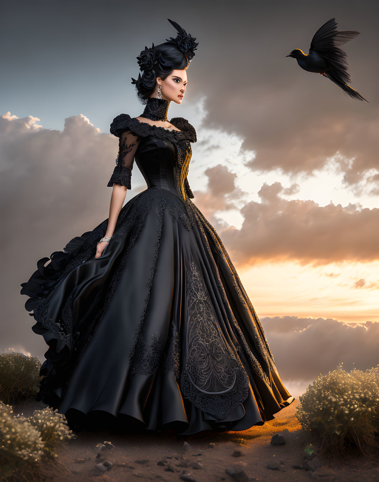 Victorian woman in black gown on sandy dune with raven under dramatic sky