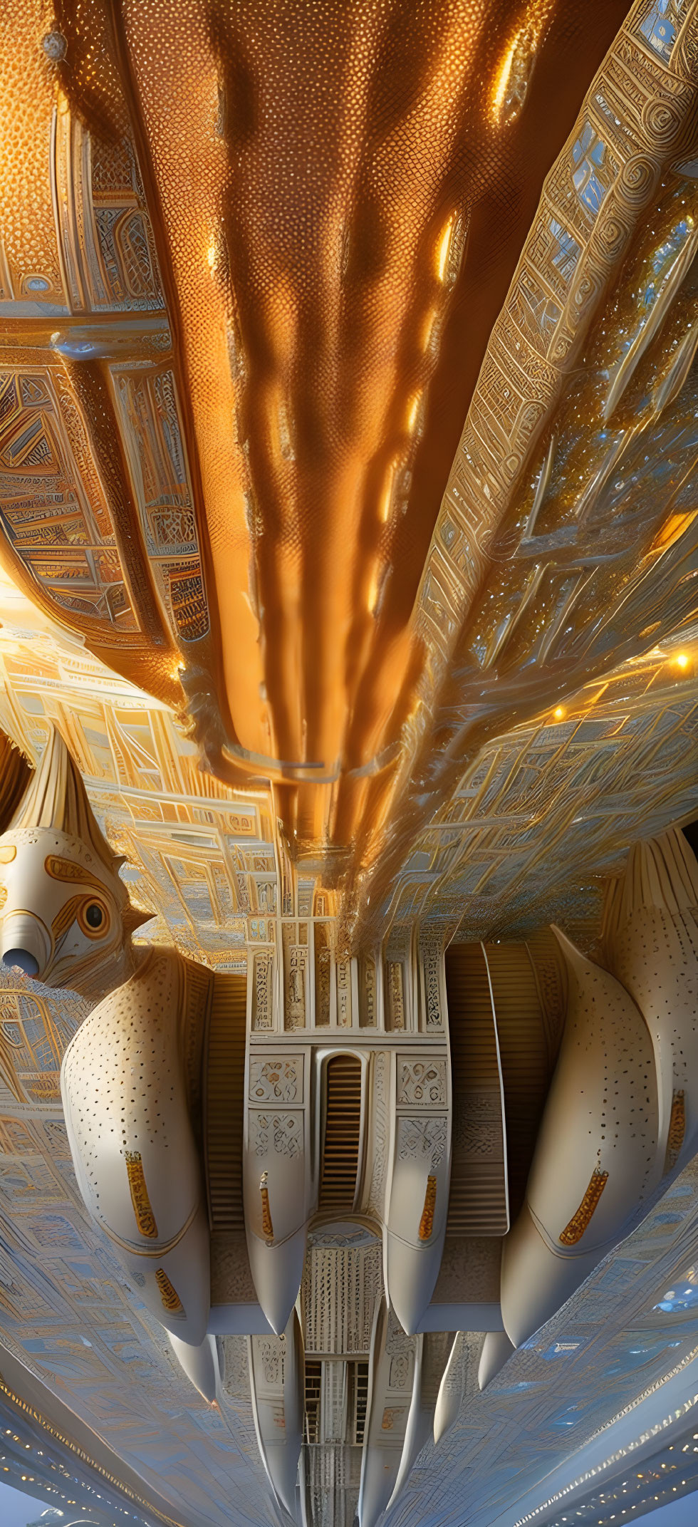 Golden ceiling with futuristic structure and mechanical elements under warm light