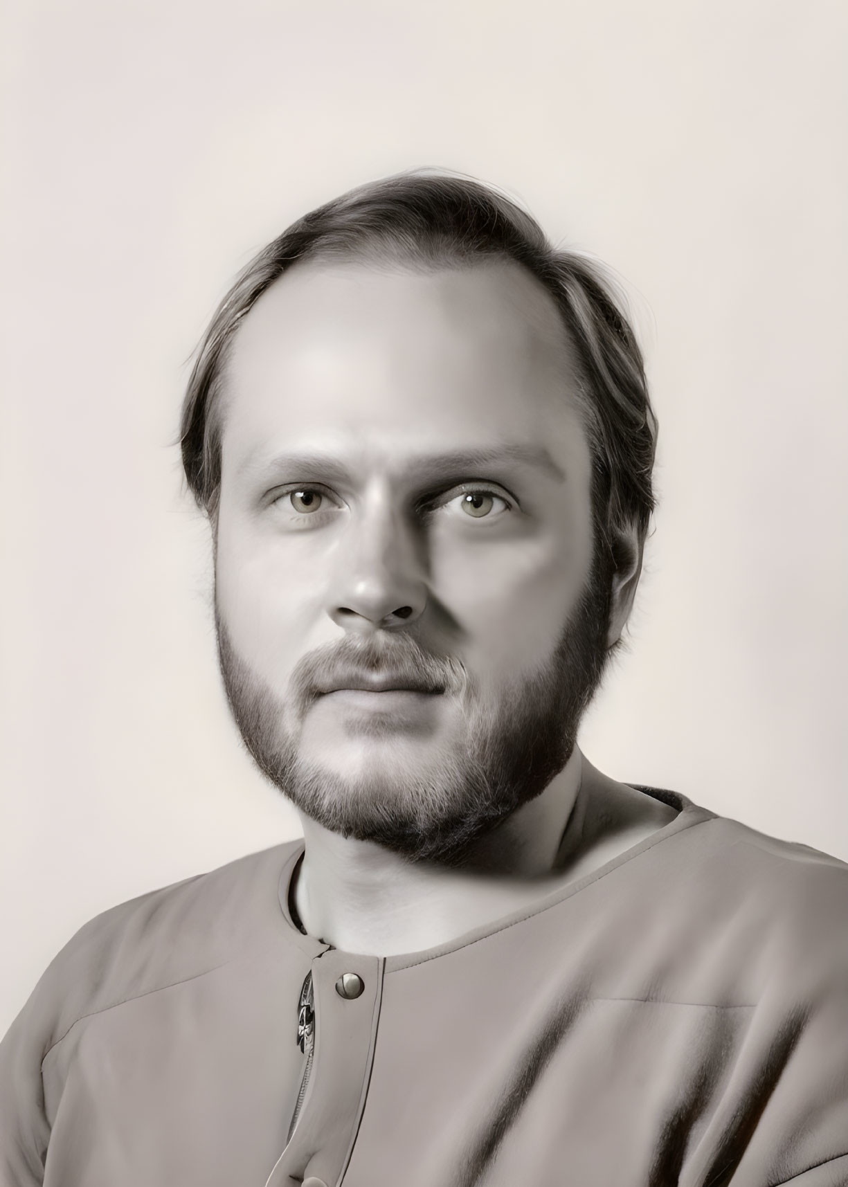 Sepia-Toned Portrait of Man with Beard and Henley Shirt