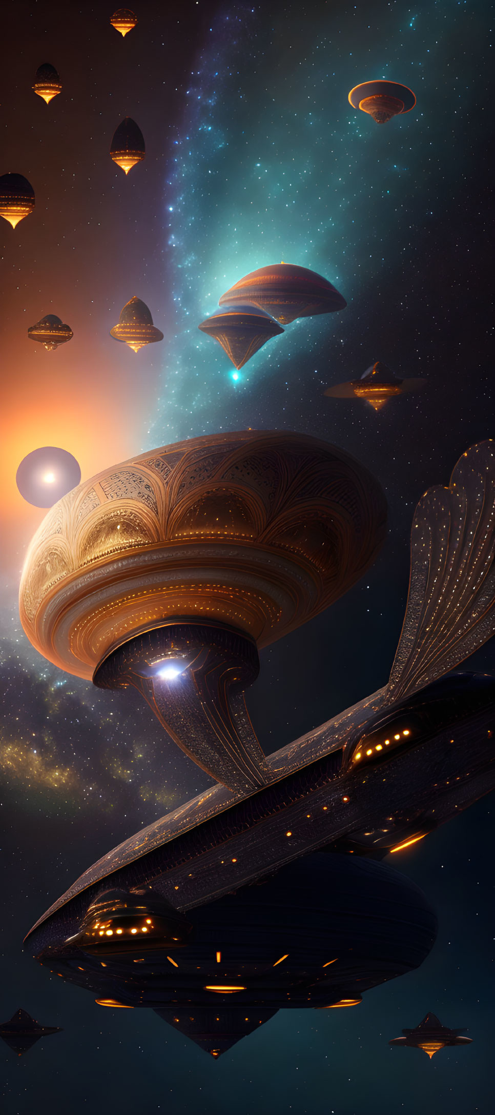 Surreal space scene with flying saucers in orange and blue cosmos