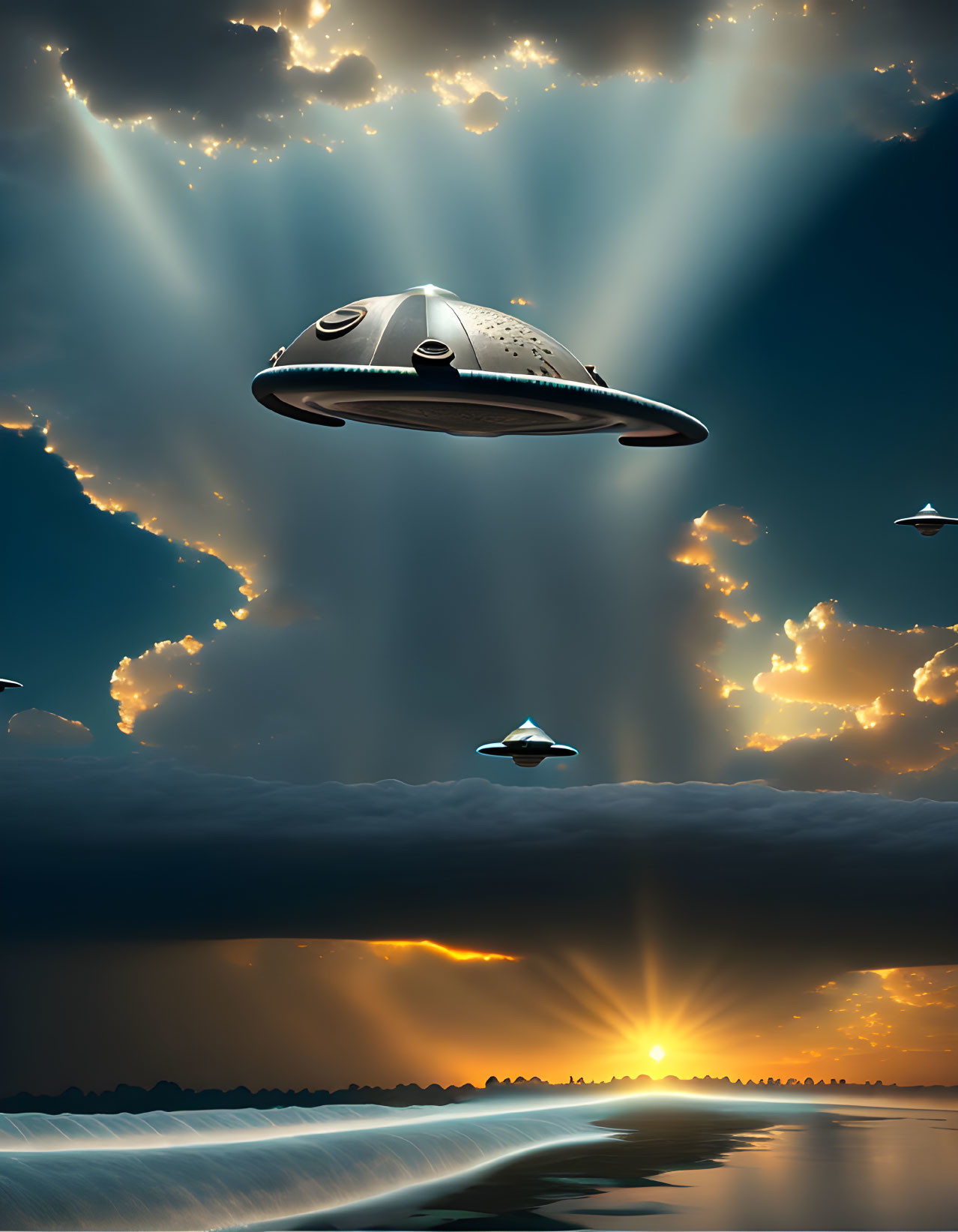 Digital art image of multiple UFOs over dramatic sky with sunbeams reflected on water