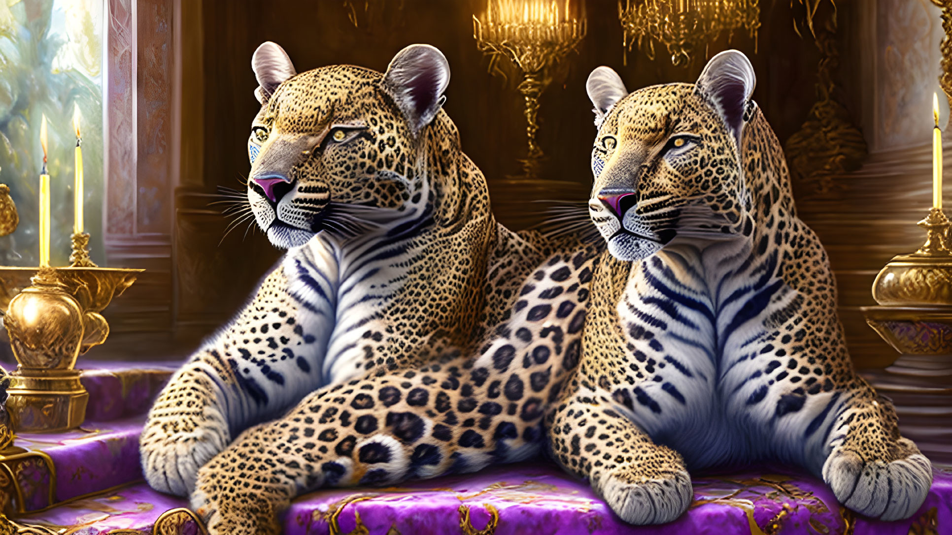 Regal leopards on luxurious purple seat with golden decor