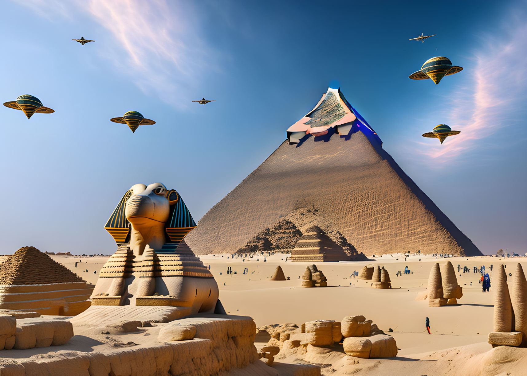 Great Sphinx and Pyramids of Egypt with futuristic flying vehicles above desert landscape