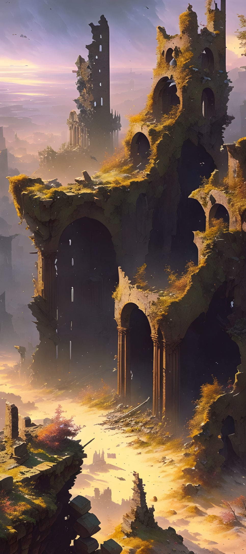 Cliffside ruins with arches and towers in warm sunlight